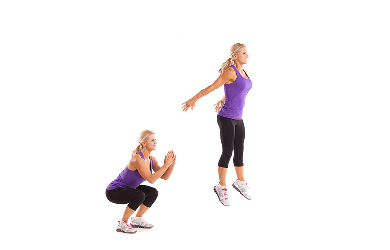 Squat bật nhảy là bài tập Plyometrics tuyệt vời giúp nâng cấp cơ đùi và cơ mông bộc phát.