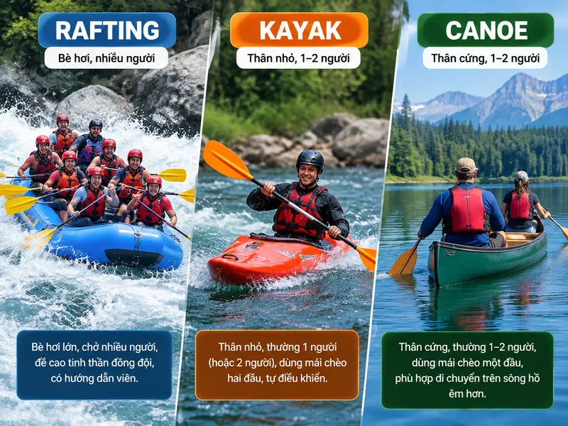 Rafting sử dụng bè hơi nhiều người, trong khi kayak và canoe có kích thước nhỏ và cách điều khiển khác nhau.